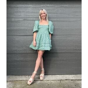 RHODE Green Printed 100% Cotton Hourglass Square Neck Daya Mini Dress Size 6